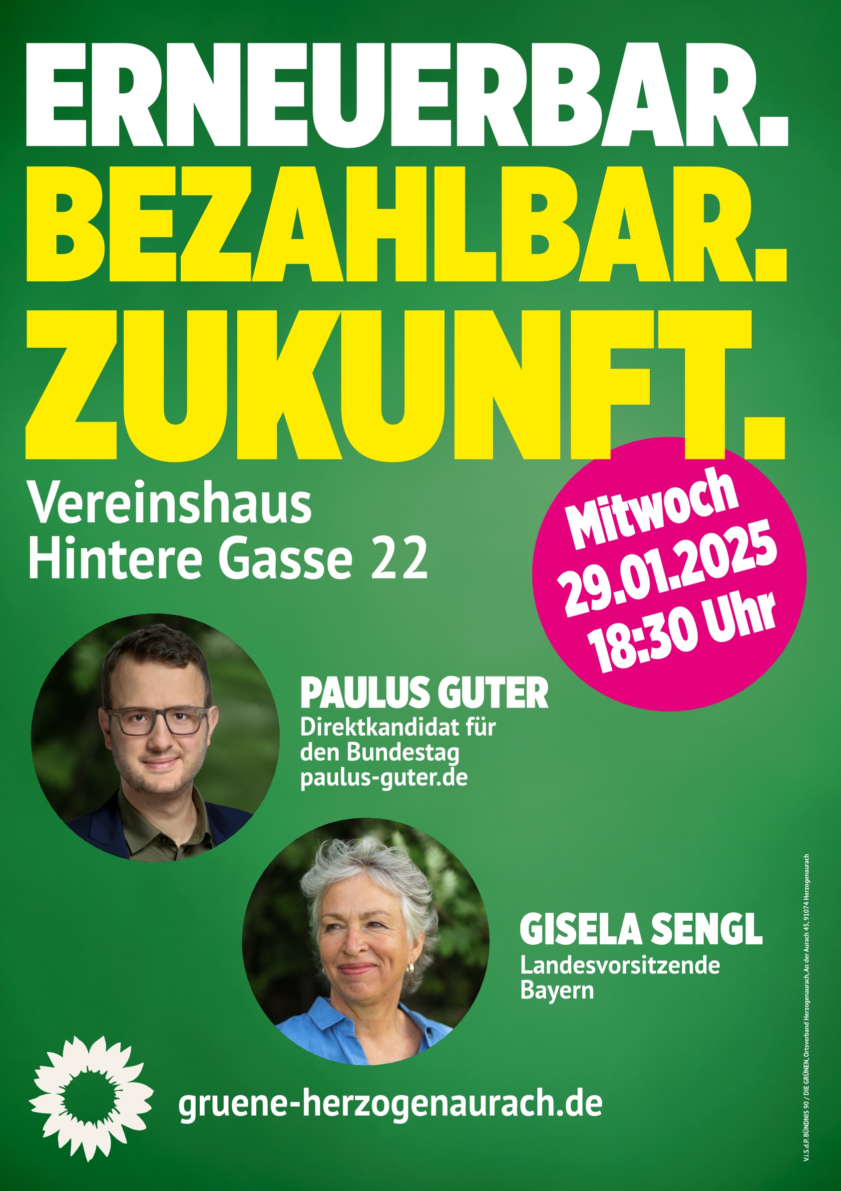 Erneuerbar. Bezahlbar. Zukunft - 29.01.2025 18:30 Uhr mit Paulus Guter und Gisela Sengl im Vereinshaus Herzogenaurach